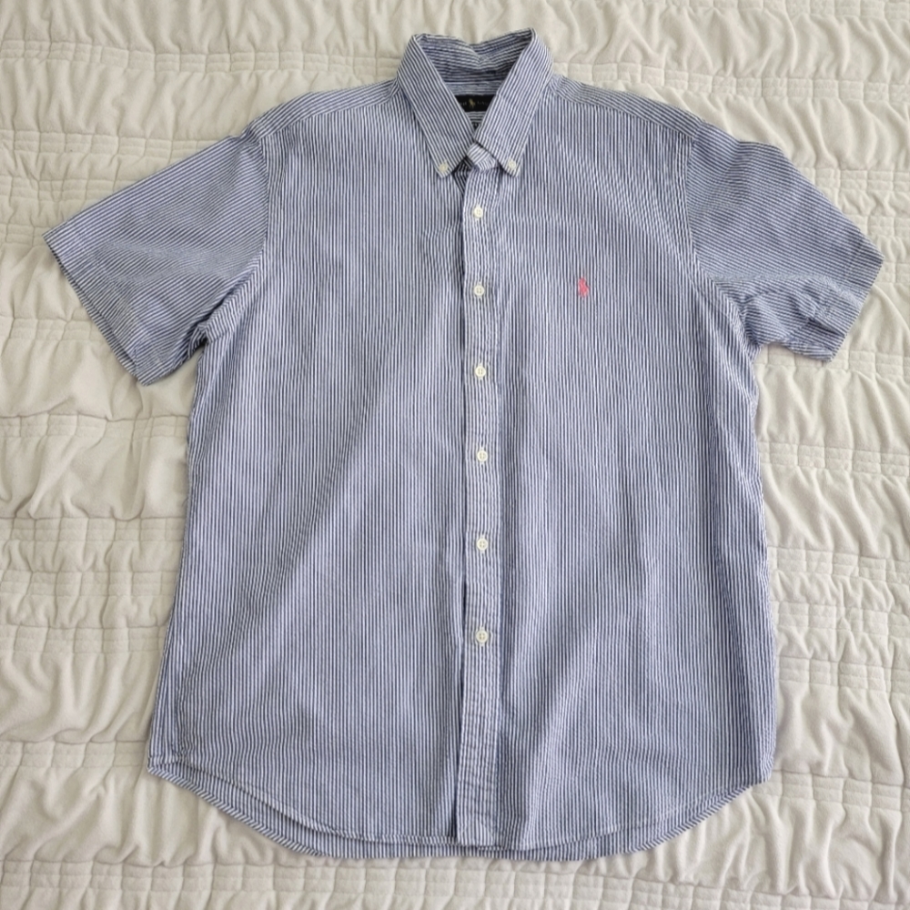 Casual Ralph Lauren Blue White Stripe Button Up  Size Large